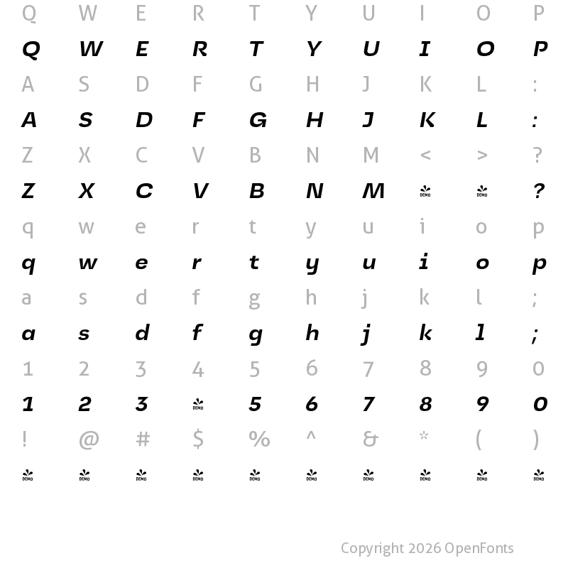 Character Map of FONTSPRING DEMO - Jagerlay Bold Italic Regular