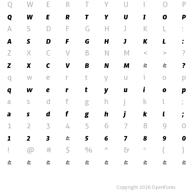 Character Map of FONTSPRING DEMO - Jali Latin ExtraBold Italic