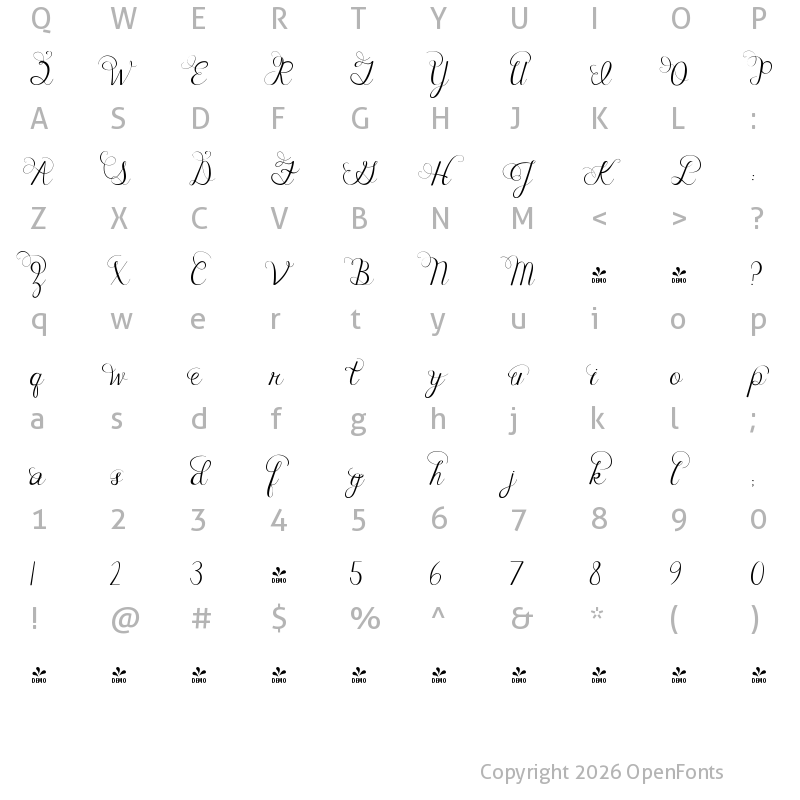 Character Map of FONTSPRING DEMO - Janda Celebration Script Regular