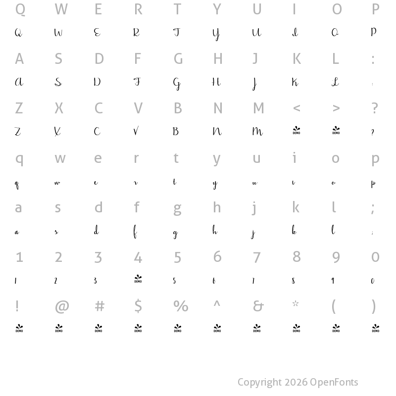 Character Map of FONTSPRING DEMO - Jasmine Reminiscentse Bold