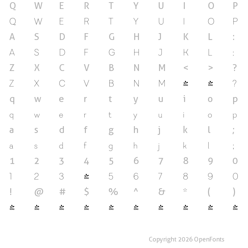 Character Map of FONTSPRING DEMO - Javiera Thin Regular