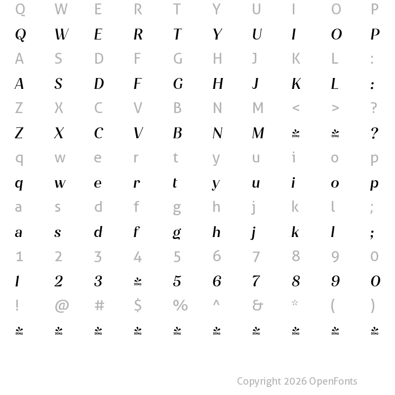 Character Map of FONTSPRING DEMO - Jazmin Alt Medium It Regular