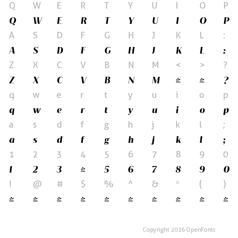 Character Map of FONTSPRING DEMO - Jazmin Bold It Regular