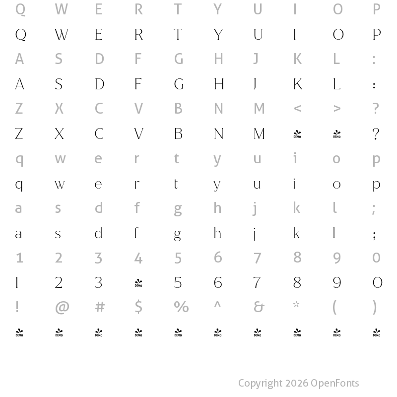 Character Map of FONTSPRING DEMO - Jazmin ExtraLight Regular