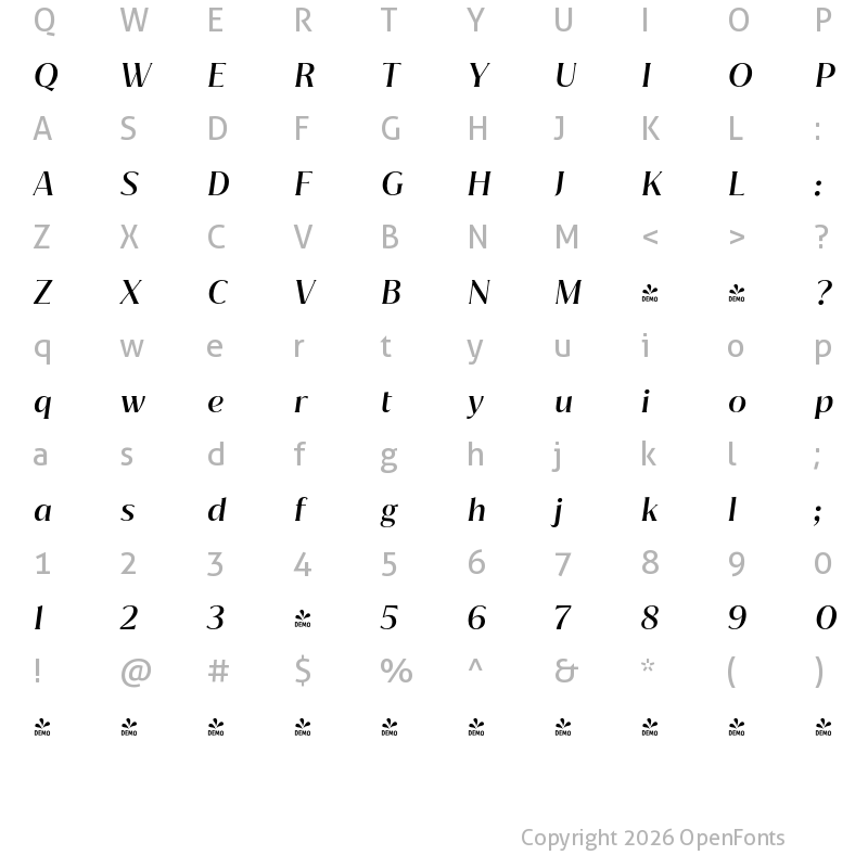 Character Map of FONTSPRING DEMO - Jazmin Medium It Regular