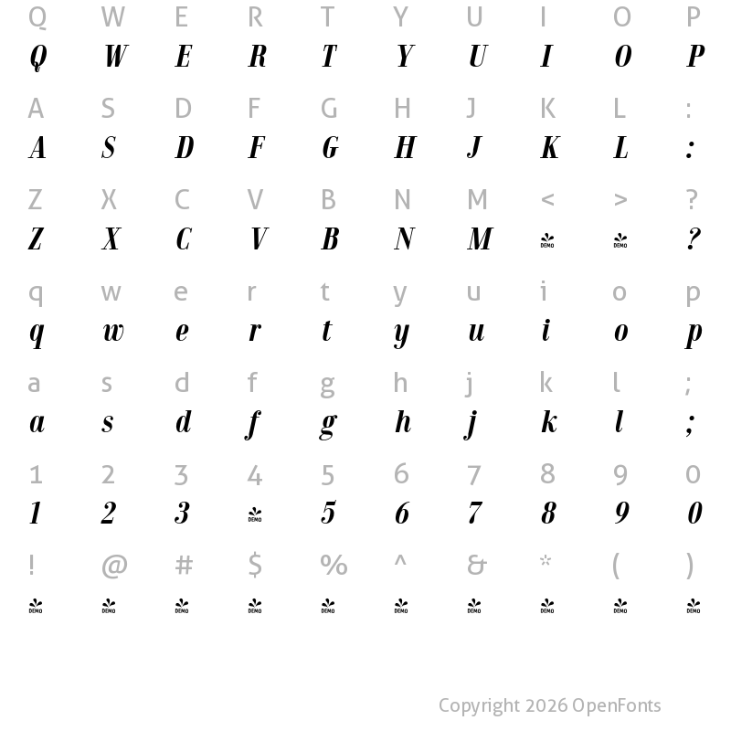 Character Map of FONTSPRING DEMO - Jeles Bold Italic Regular