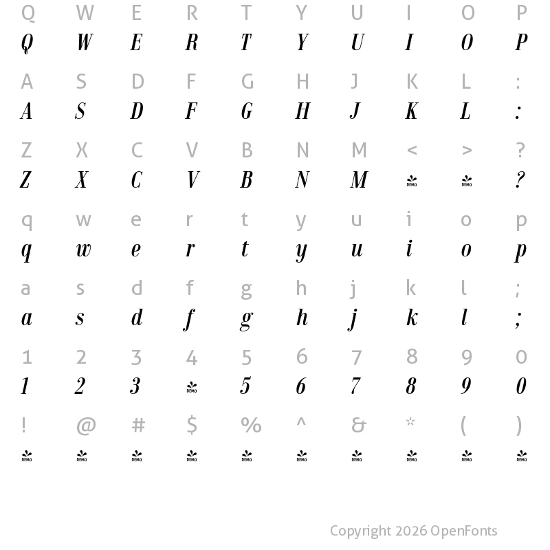 Character Map of FONTSPRING DEMO - Jeles Regular Italic Regular