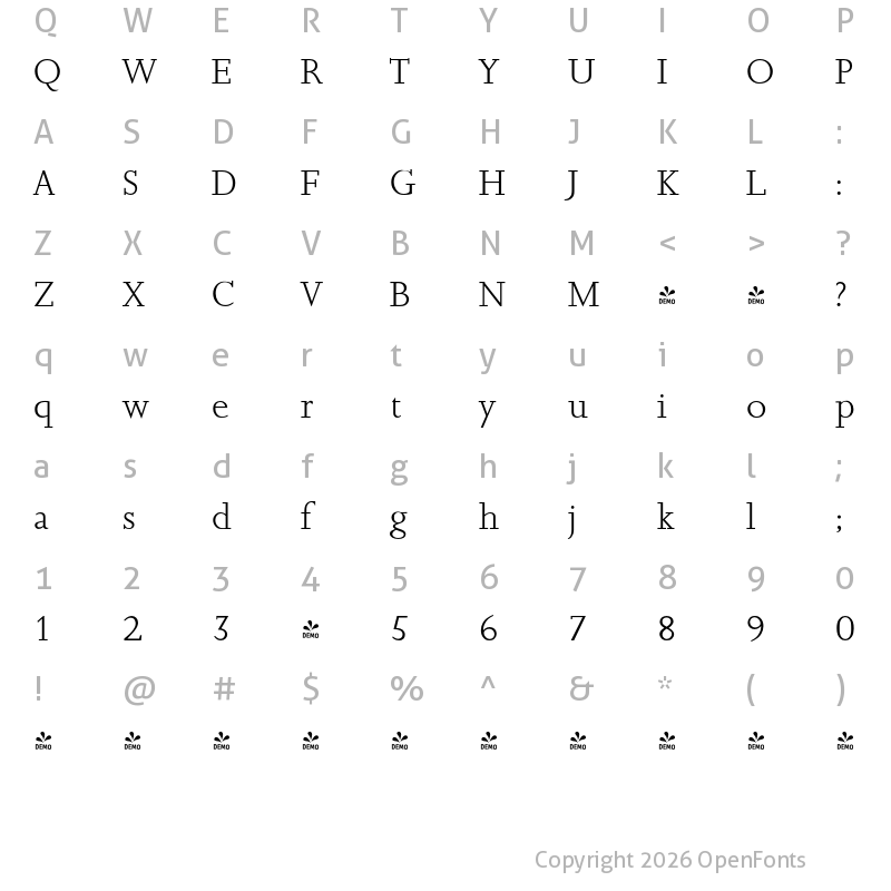 Character Map of FONTSPRING DEMO - Jessica Serial Light Regular