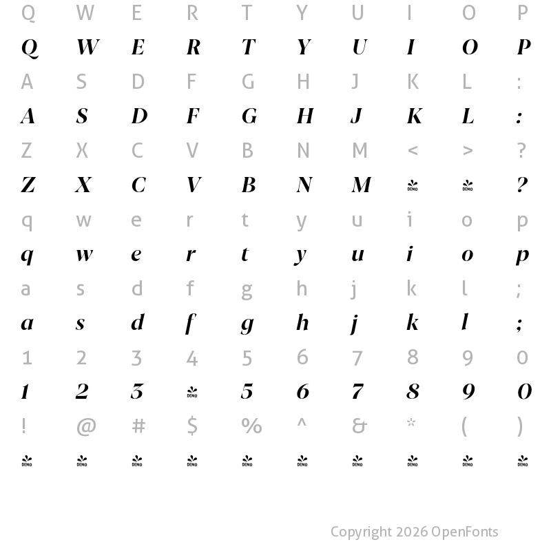 Character Map of FONTSPRING DEMO - Joane Italic Bold Regular