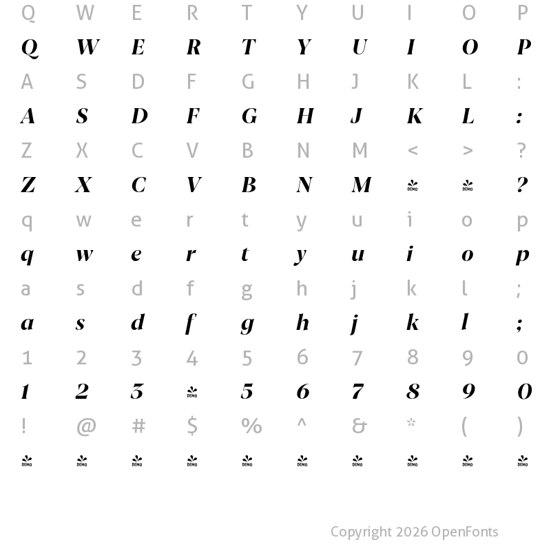 Character Map of FONTSPRING DEMO - Joane Italic Ultrabold Regular