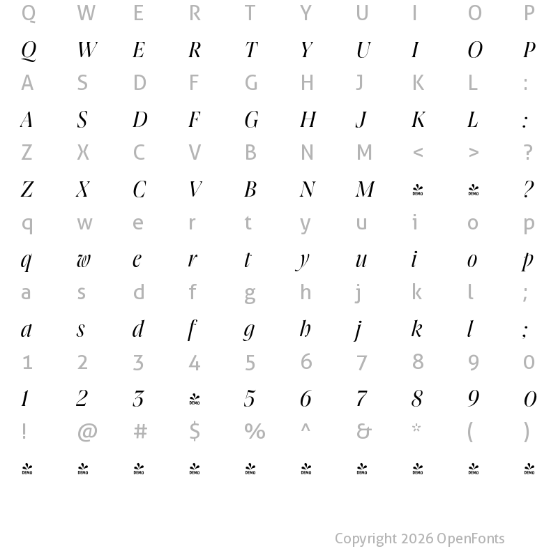 Character Map of FONTSPRING DEMO - Joane Pro L Italic Regular