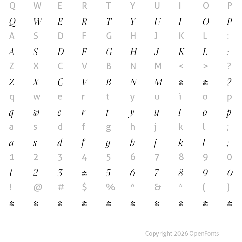 Character Map of FONTSPRING DEMO - Joane Pro L Light Italic Regular