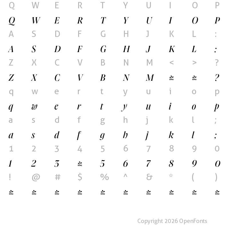 Character Map of FONTSPRING DEMO - Joane Pro L Medium Italic Regular