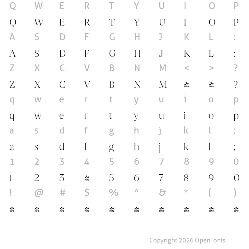 Character Map of FONTSPRING DEMO - Joane Pro L UltraLight Regular