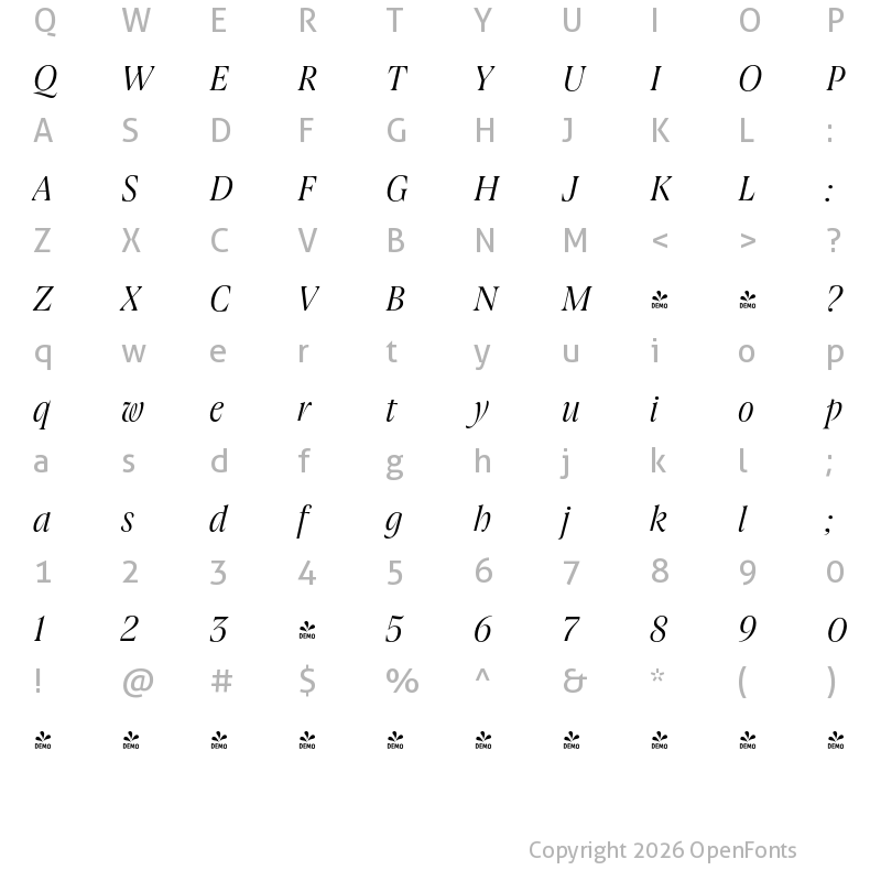 Character Map of FONTSPRING DEMO - Joane Pro M Light Italic Regular