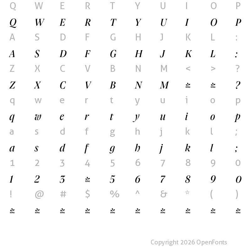 Character Map of FONTSPRING DEMO - Joane Pro M Medium Italic Regular