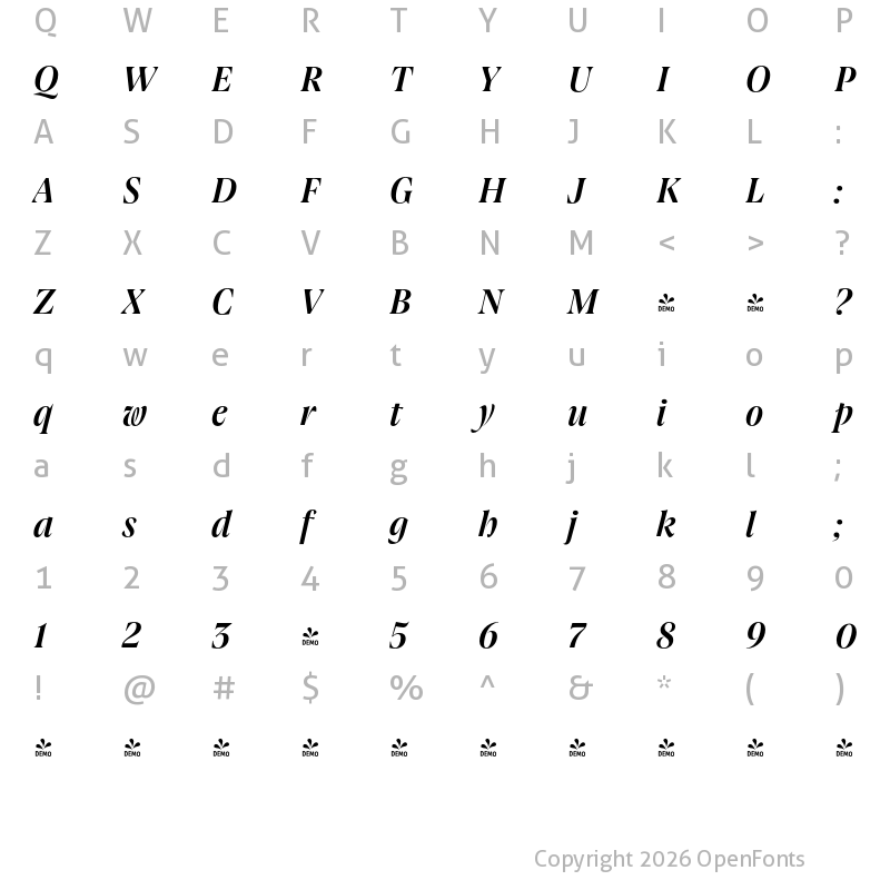 Character Map of FONTSPRING DEMO - Joane Pro M SemiBold Italic Regular