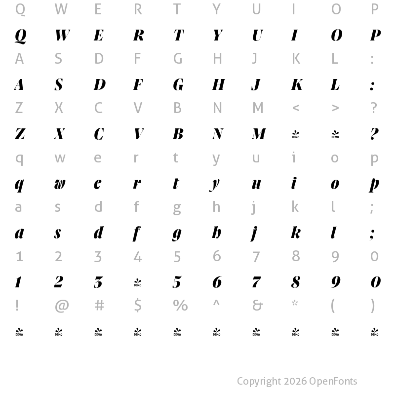 Character Map of FONTSPRING DEMO - Joane Pro XL Black Italic Regular
