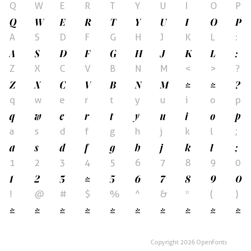 Character Map of FONTSPRING DEMO - Joane Pro XL Bold Italic Regular