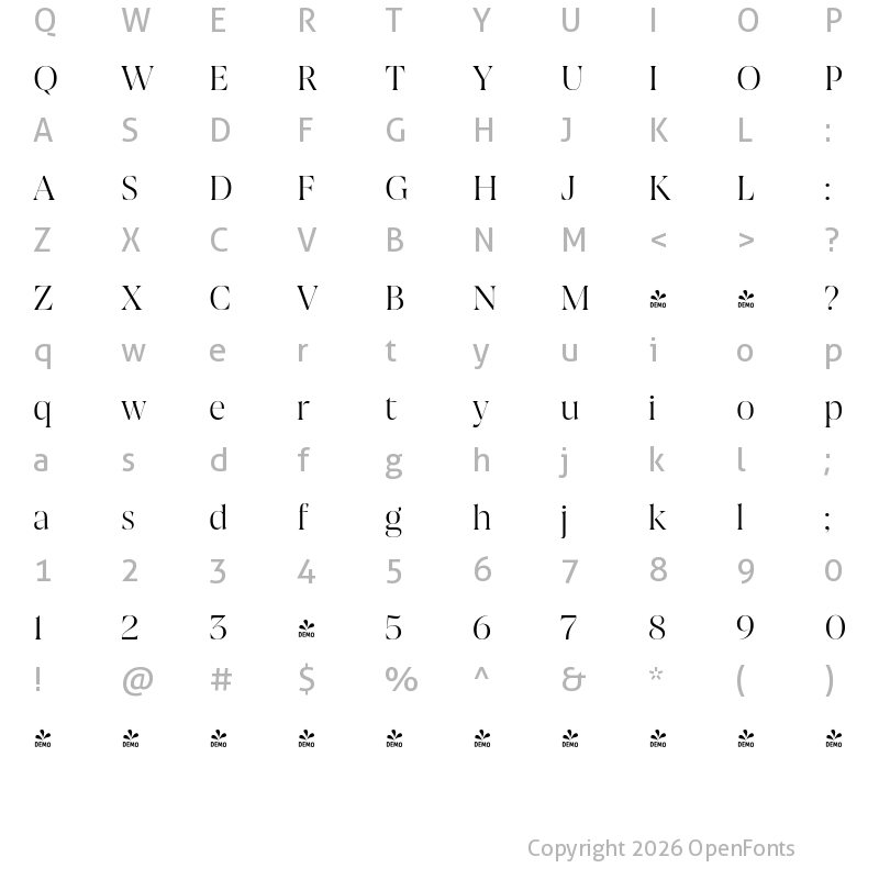 Character Map of FONTSPRING DEMO - Joane Pro XL Light Regular