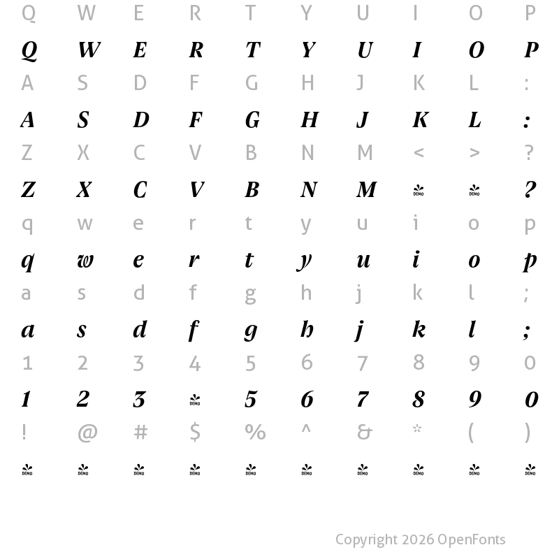 Character Map of FONTSPRING DEMO - Joane Pro XS Bold Italic Regular
