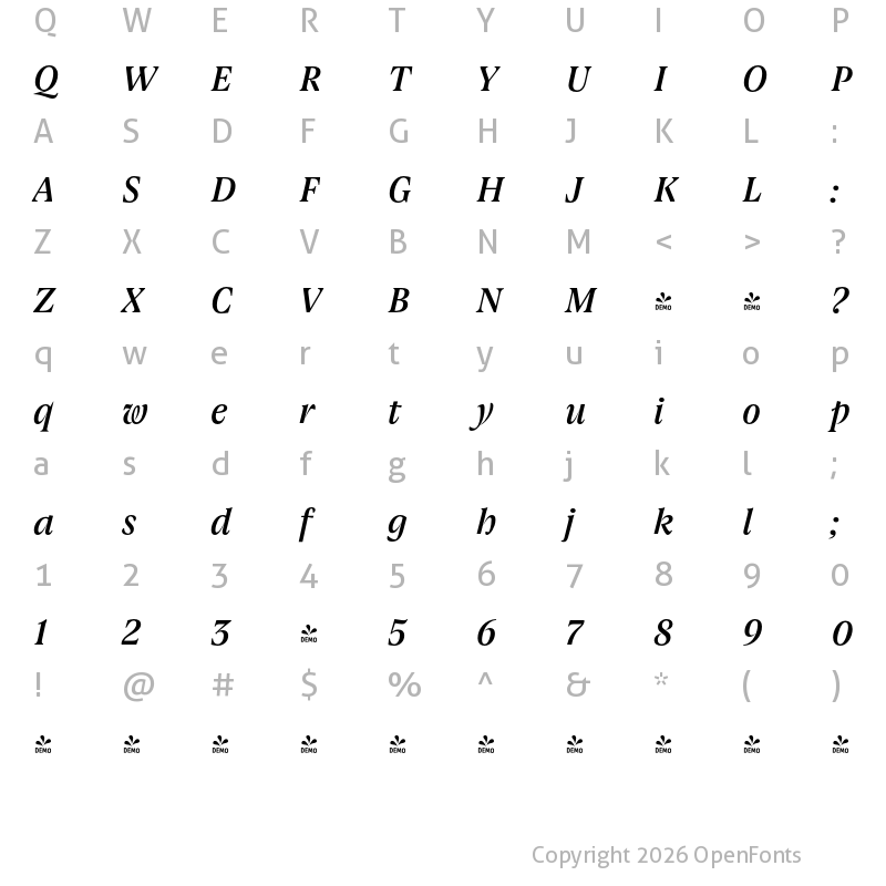 Character Map of FONTSPRING DEMO - Joane Pro XS Medium Italic Regular