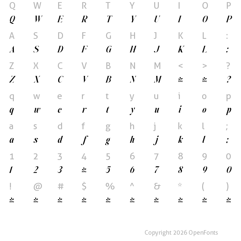 Character Map of FONTSPRING DEMO - Johannes Keppler Bold Italic