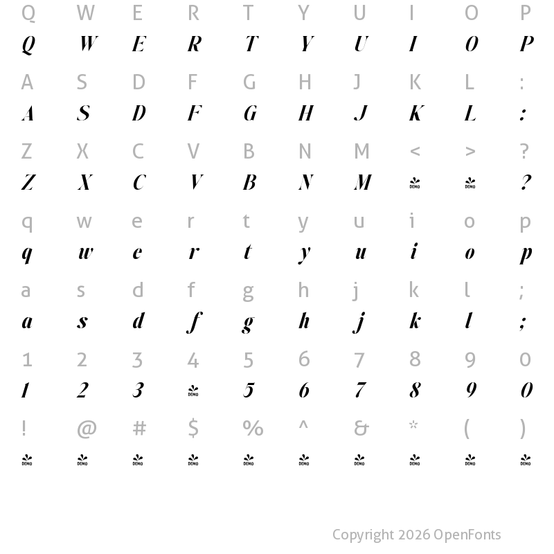 Character Map of FONTSPRING DEMO - Johannes Keppler ExtBd Italic