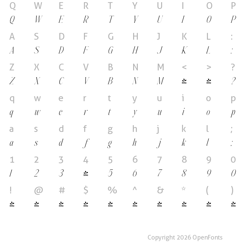 Character Map of FONTSPRING DEMO - Johannes Keppler ExtLt Italic