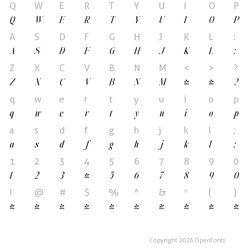 Character Map of FONTSPRING DEMO - Johannes Keppler Med Italic