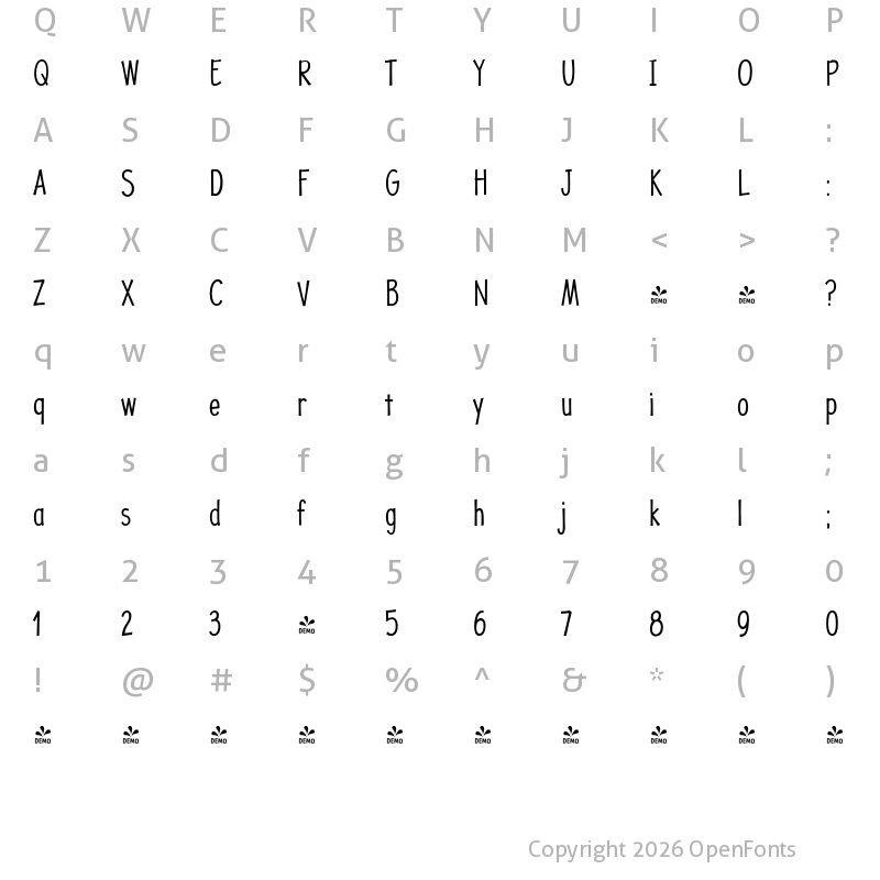Character Map of FONTSPRING DEMO - JollyGood Proper Condensed Light Regular