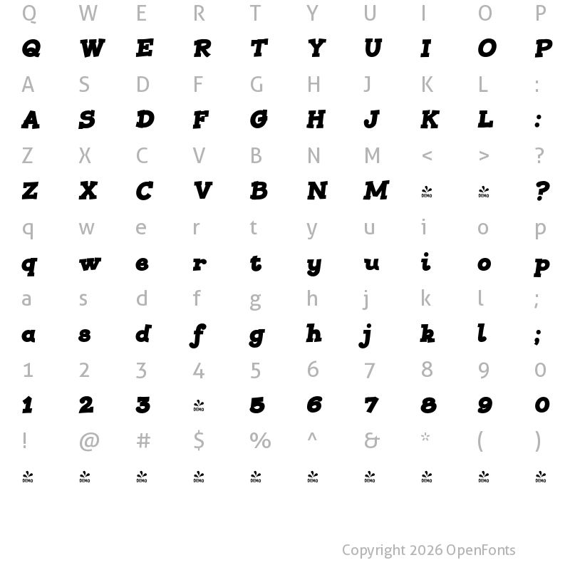 Character Map of FONTSPRING DEMO - JollyGood Proper Serif ExBd It Regular