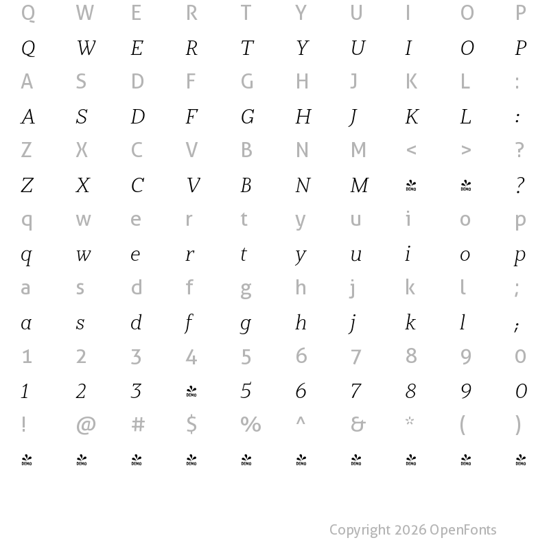 Character Map of FONTSPRING DEMO - Jozef Light Italic