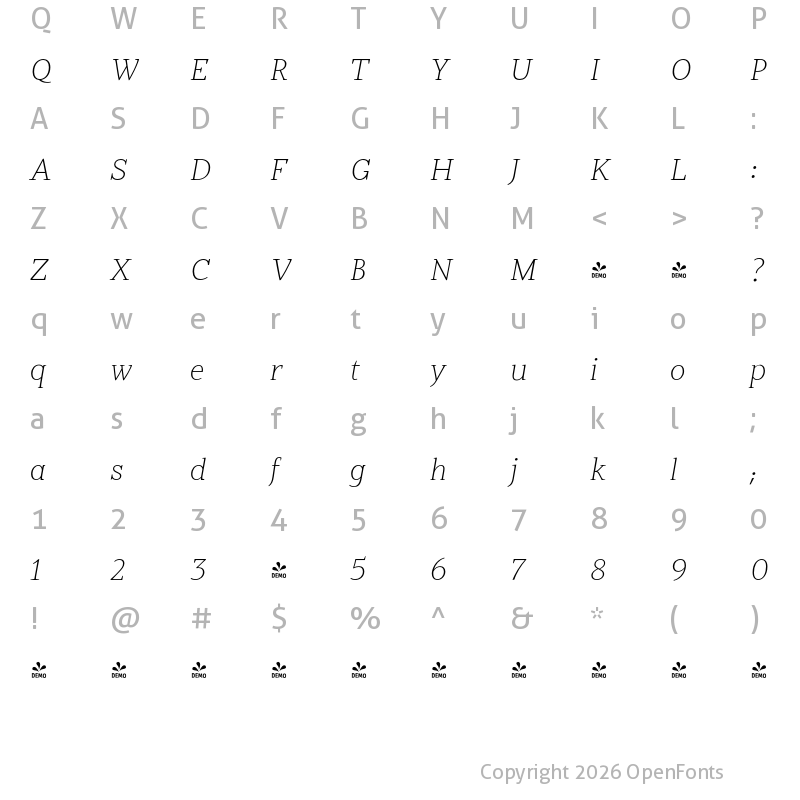 Character Map of FONTSPRING DEMO - Jozef Thin Italic