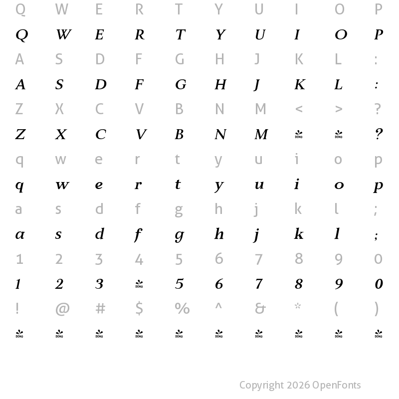 Character Map of FONTSPRING DEMO - JT Alvito Bold Italic