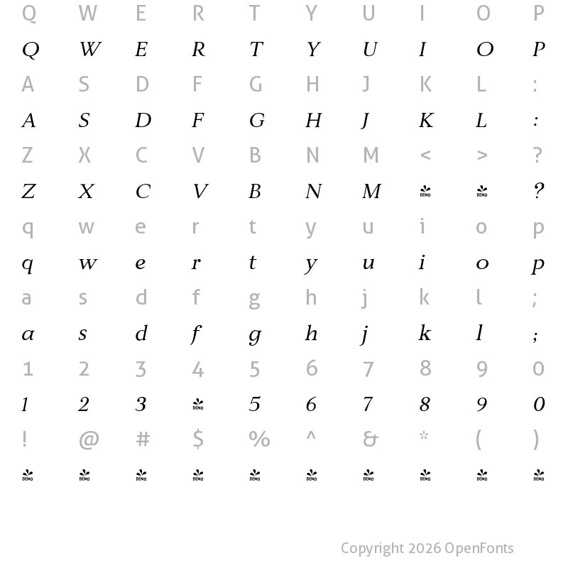 Character Map of FONTSPRING DEMO - JT Alvito Italic