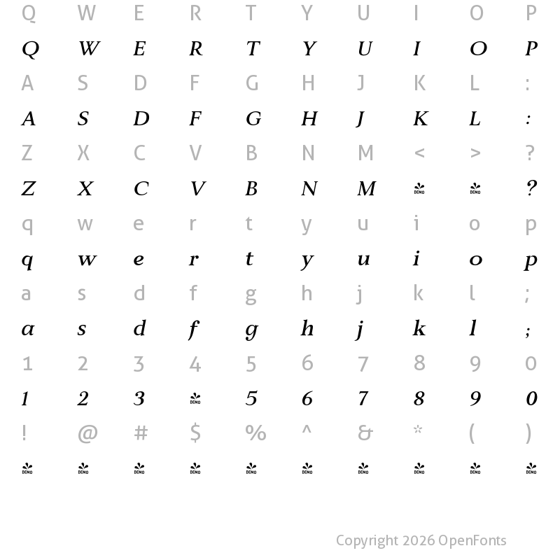 Character Map of FONTSPRING DEMO - JT Alvito SemiBold Italic