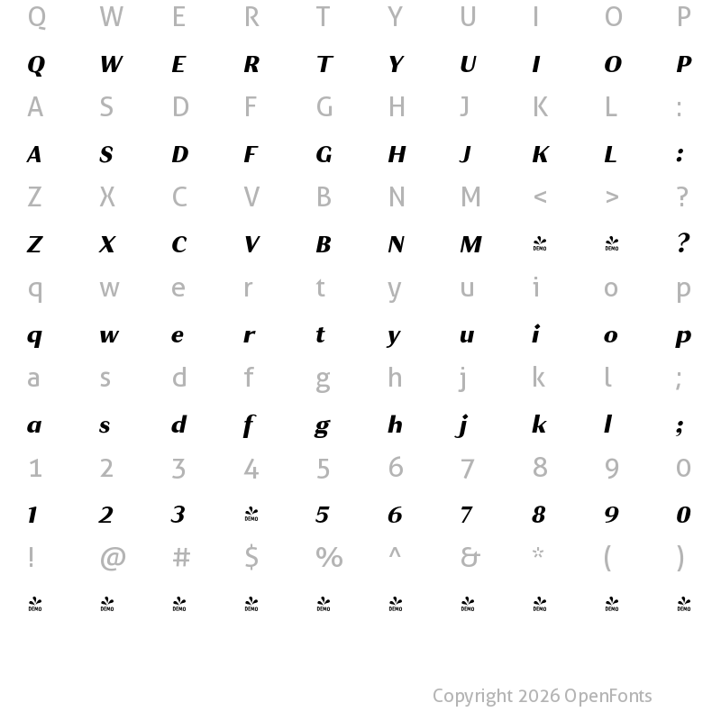 Character Map of FONTSPRING DEMO - JT Douro-Sans Black Bold Italic