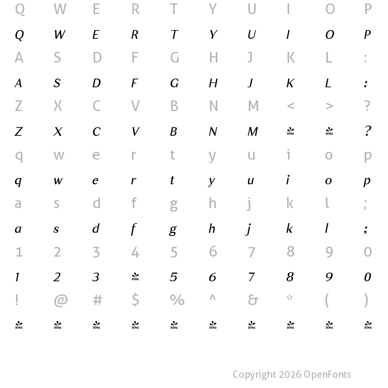 Character Map of FONTSPRING DEMO - JT Douro-Sans Light Italic