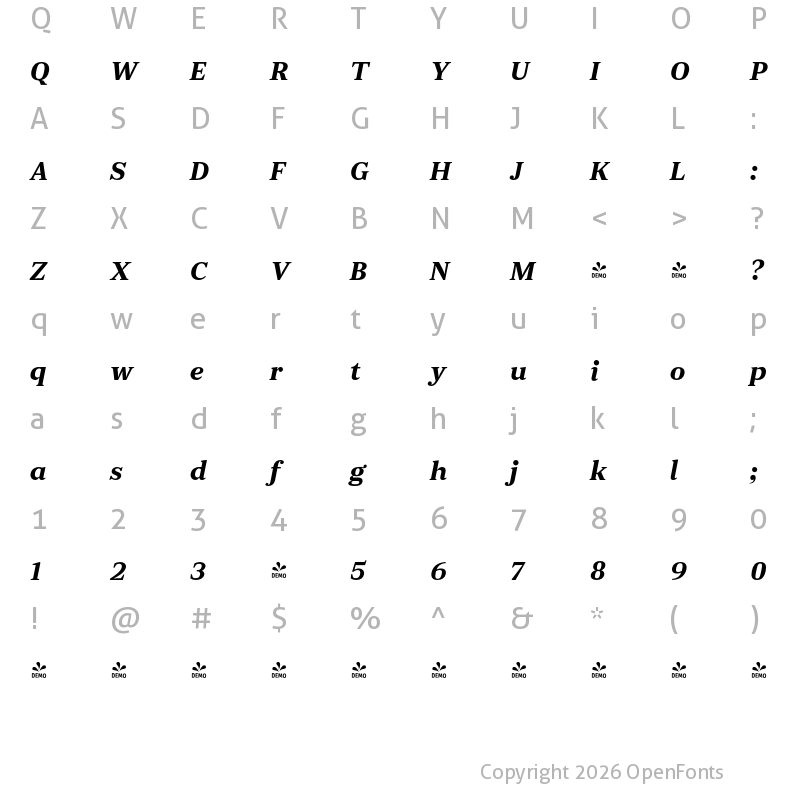 Character Map of FONTSPRING DEMO - JT Douro-Serif Medium Italic