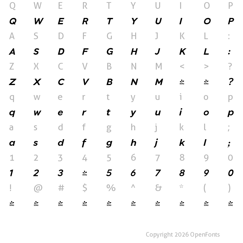 Character Map of FONTSPRING DEMO - JT Marnie Bold Italic