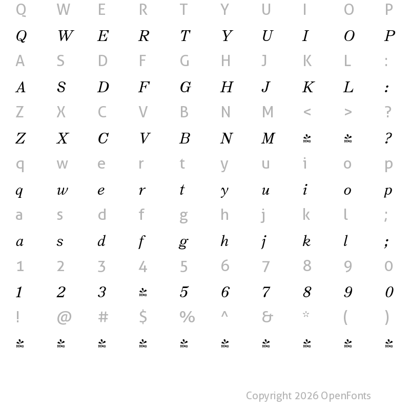 Character Map of FONTSPRING DEMO - JT Symington Italic