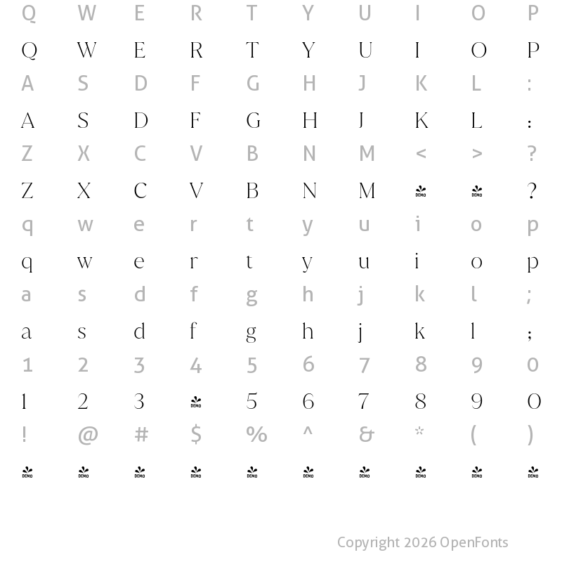 Character Map of FONTSPRING DEMO - Juana ExtraLight Regular