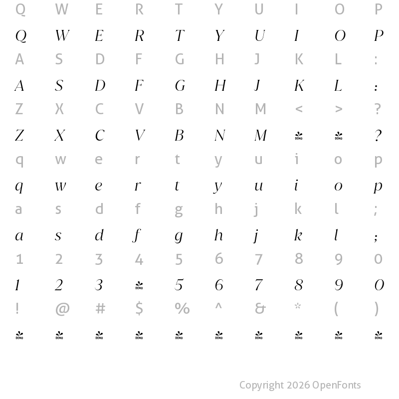 Character Map of FONTSPRING DEMO - Juana Light It Regular