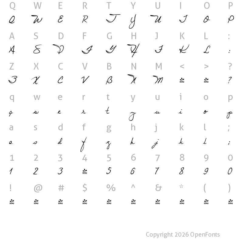 Character Map of FONTSPRING DEMO - Juri Handwriting Regular