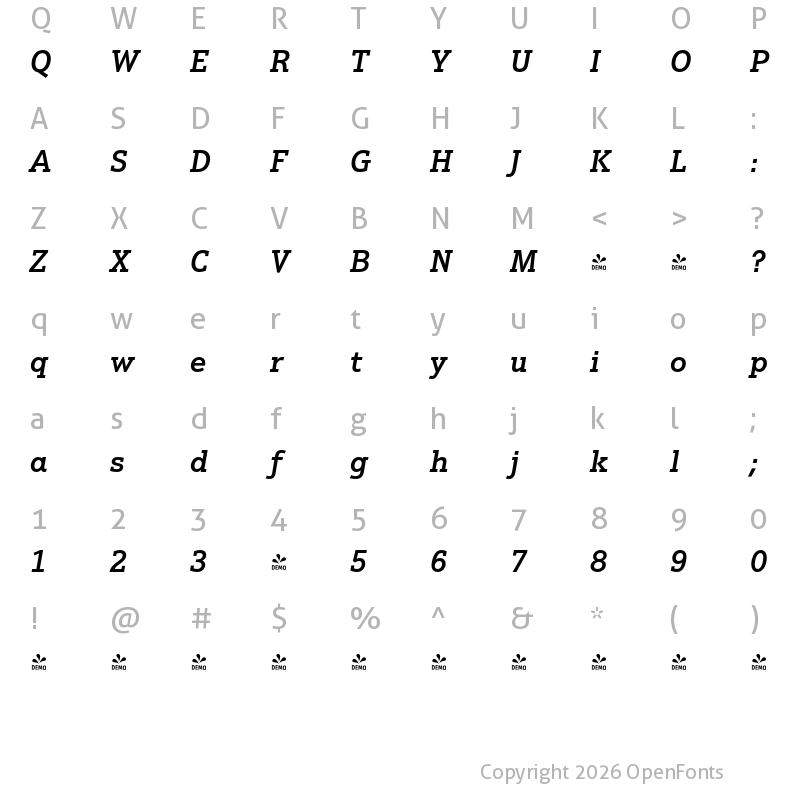 Character Map of FONTSPRING DEMO - Justus Pro Medium Italic