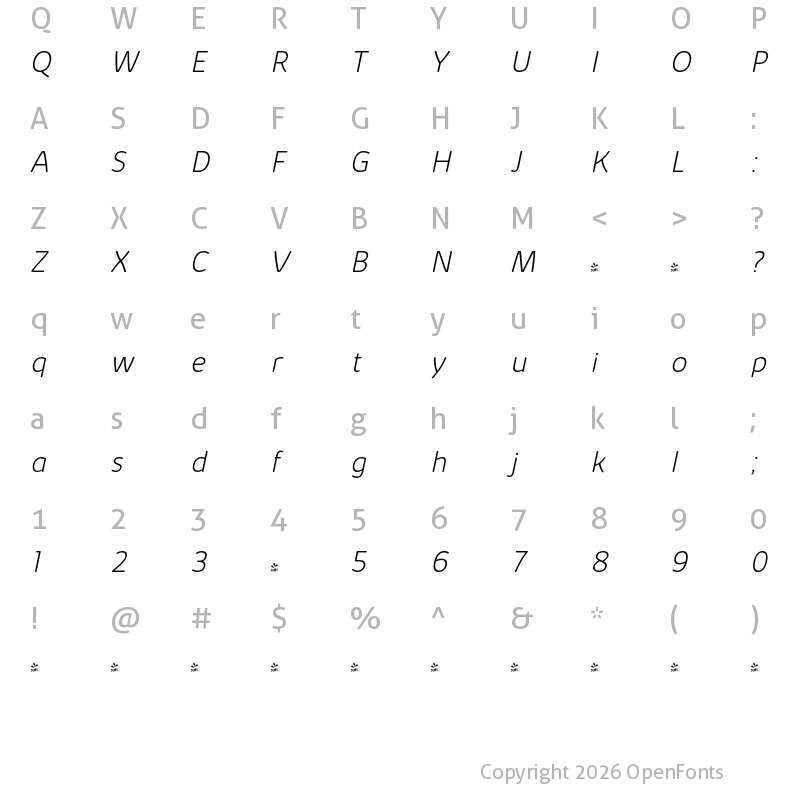 Character Map of FONTSPRING DEMO - Kabrio Soft ExtLt Italic