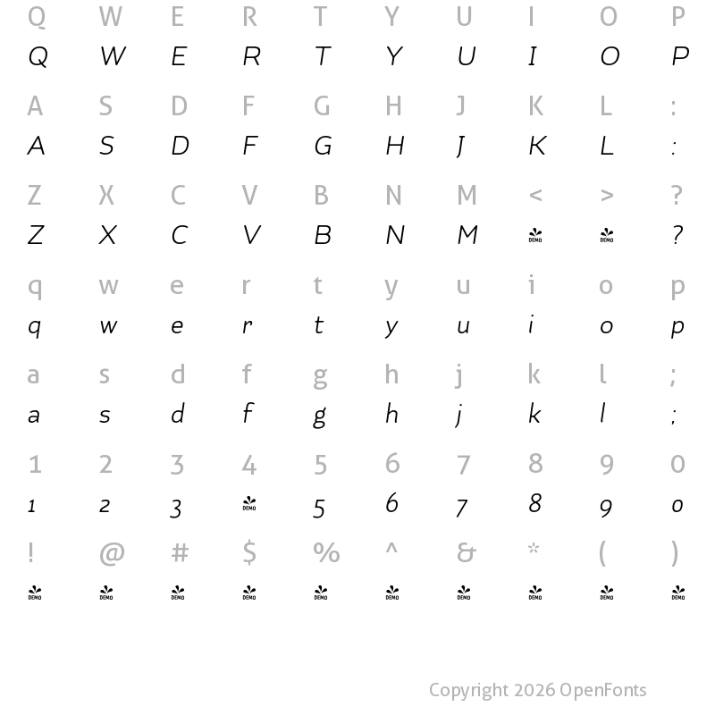 Character Map of FONTSPRING DEMO - Kahlo Rounded Bold Pro Bold Italic