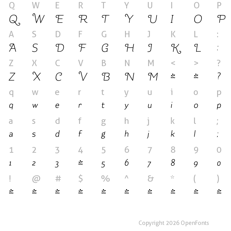 Character Map of FONTSPRING DEMO - Kahlo Rounded Bold Swash Bold Italic