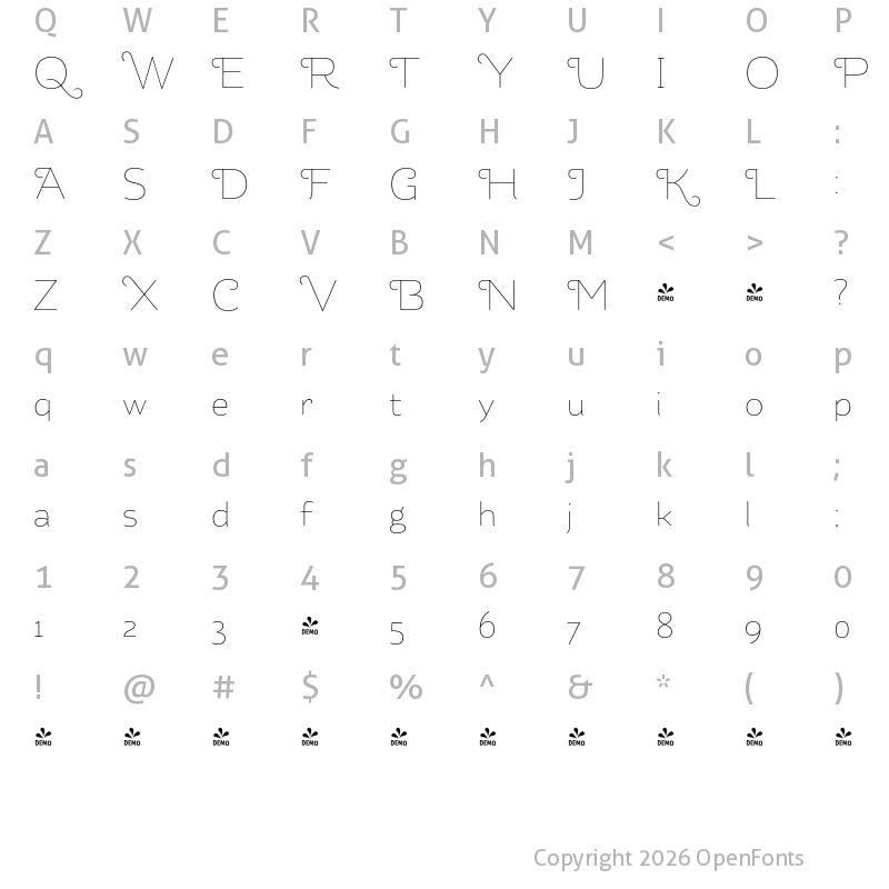 Character Map of FONTSPRING DEMO - Kahlo Rounded Light Swash Light
